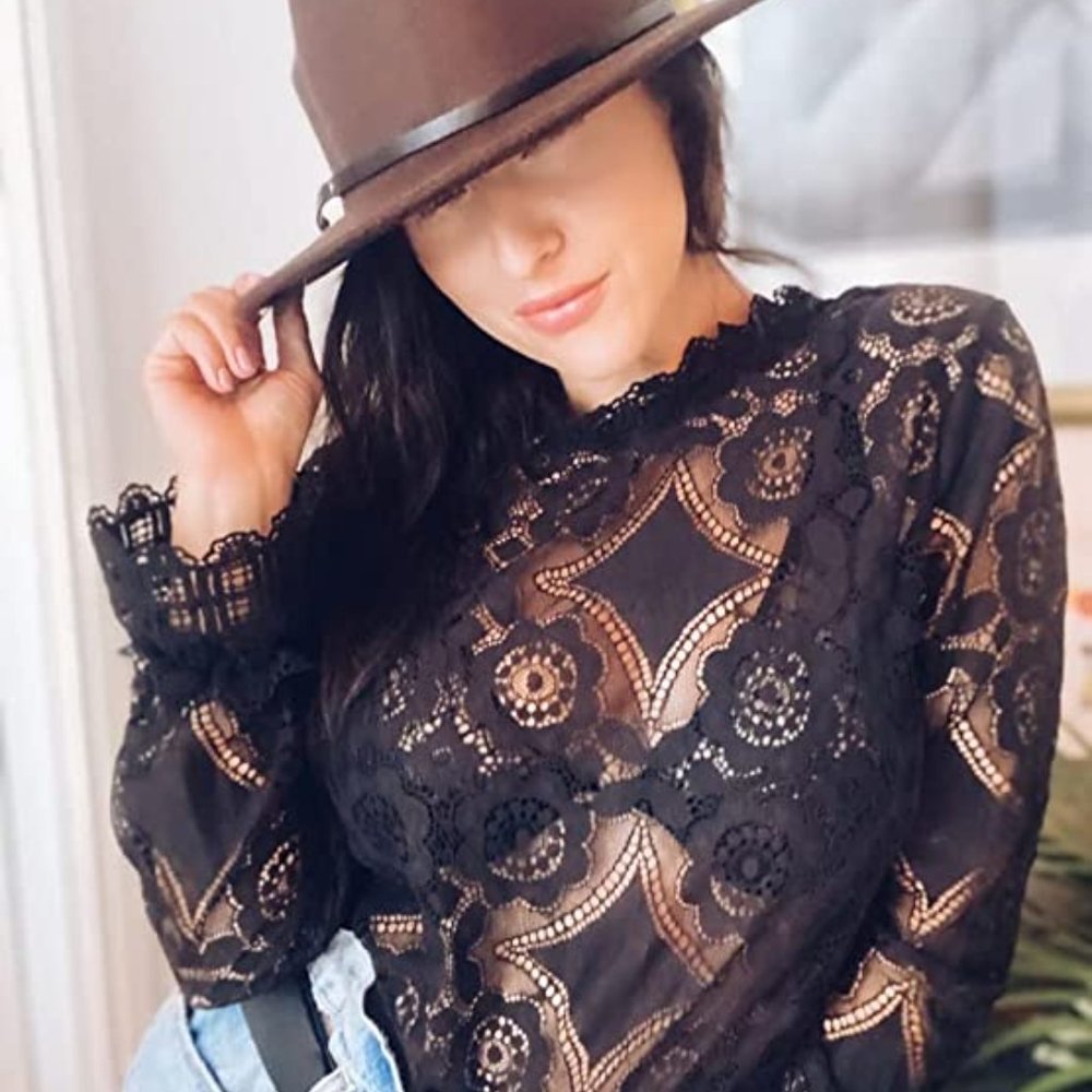 New Bohemian Black Lace Long Sleeve Blouse